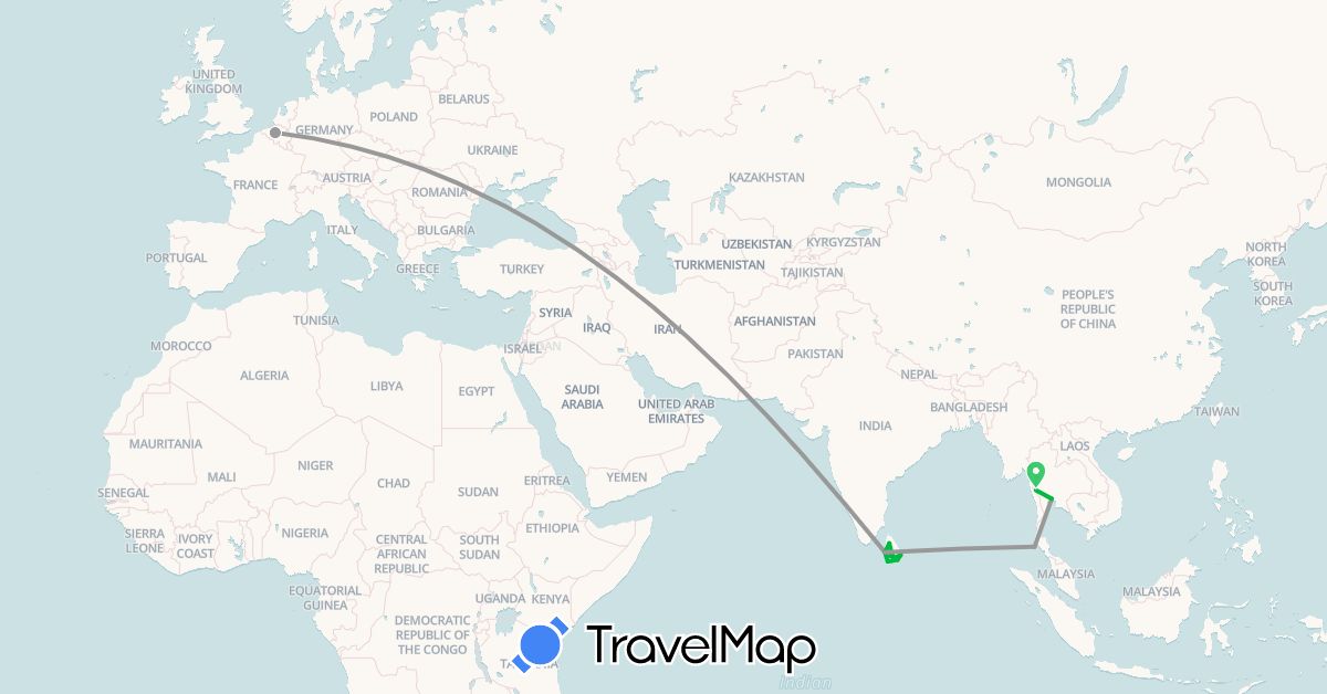 TravelMap itinerary: driving, bus, plane in Belgium, Sri Lanka, Thailand (Asia, Europe)
